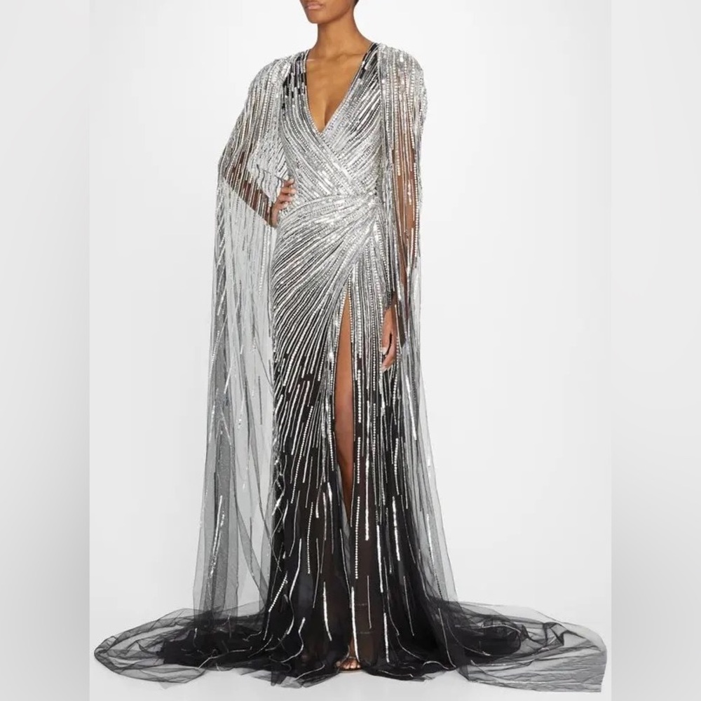 Pamella Roland Sequined Tulle Cape Gown Long Dress - Picture 15 of 16